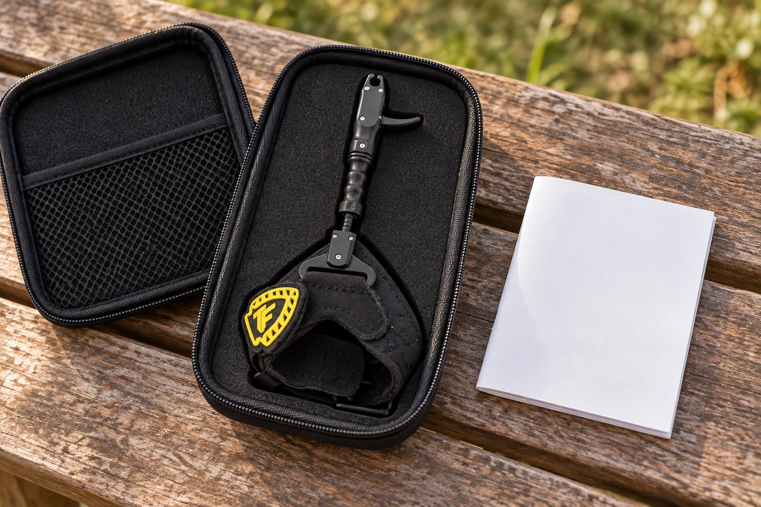 Tru-Fire Spark release stored in a padded case beside a booklet